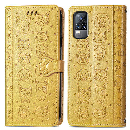 Leather Case Stands Fashionable Pattern Flip Cover Holder S03D for Vivo Y73 (2021) Yellow