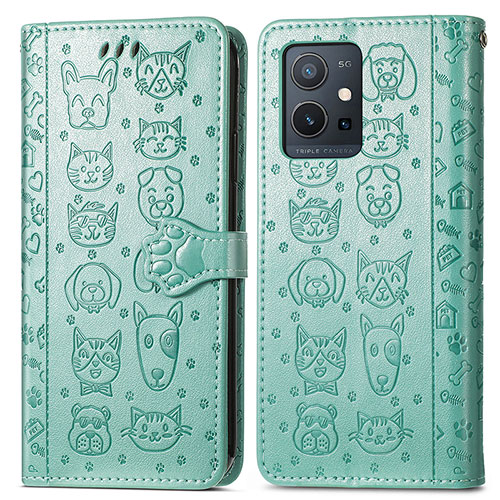 Leather Case Stands Fashionable Pattern Flip Cover Holder S03D for Vivo Y75 5G Green