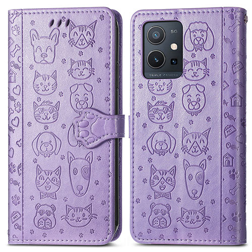 Leather Case Stands Fashionable Pattern Flip Cover Holder S03D for Vivo Y75 5G Purple