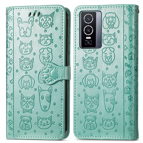 Leather Case Stands Fashionable Pattern Flip Cover Holder S03D for Vivo Y76 5G Green