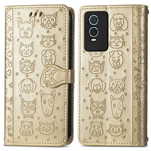 Leather Case Stands Fashionable Pattern Flip Cover Holder S03D for Vivo Y76s 5G Gold