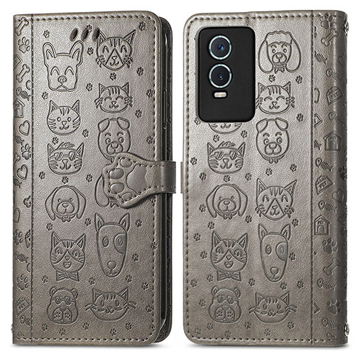 Leather Case Stands Fashionable Pattern Flip Cover Holder S03D for Vivo Y76s 5G Gray