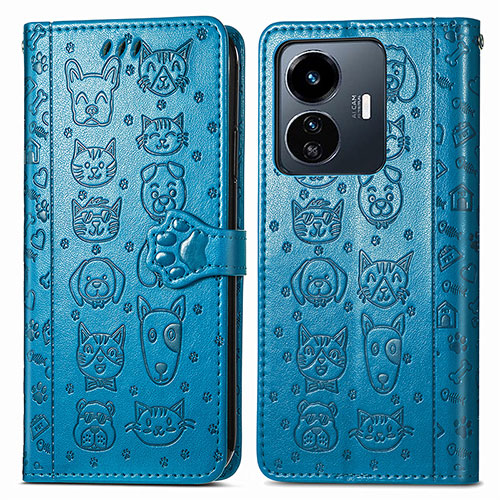 Leather Case Stands Fashionable Pattern Flip Cover Holder S03D for Vivo Y77e t1 Blue