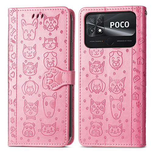 Leather Case Stands Fashionable Pattern Flip Cover Holder S03D for Xiaomi Poco C40 Pink