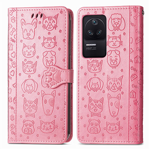 Leather Case Stands Fashionable Pattern Flip Cover Holder S03D for Xiaomi Poco F4 5G Pink