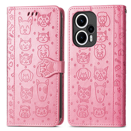 Leather Case Stands Fashionable Pattern Flip Cover Holder S03D for Xiaomi Poco F5 5G Pink