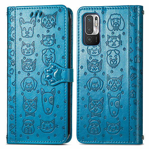 Leather Case Stands Fashionable Pattern Flip Cover Holder S03D for Xiaomi POCO M3 Pro 5G Blue