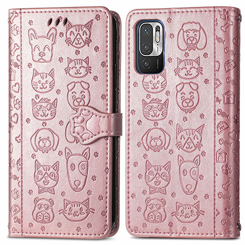Leather Case Stands Fashionable Pattern Flip Cover Holder S03D for Xiaomi POCO M3 Pro 5G Rose Gold