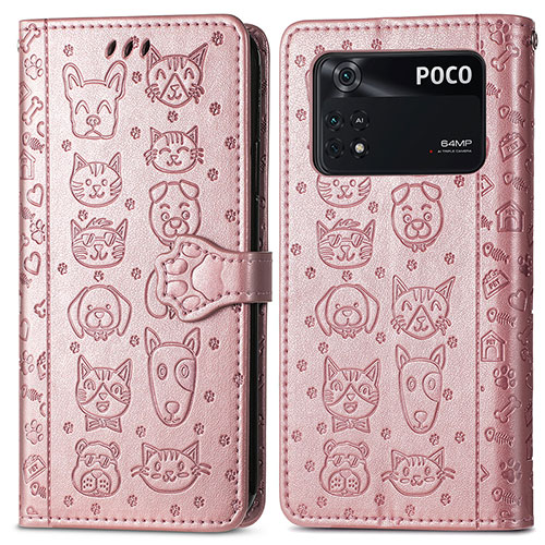 Leather Case Stands Fashionable Pattern Flip Cover Holder S03D for Xiaomi Poco M4 Pro 4G Pink