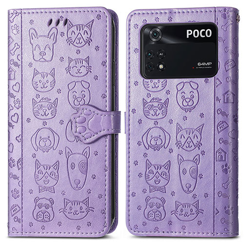 Leather Case Stands Fashionable Pattern Flip Cover Holder S03D for Xiaomi Poco M4 Pro 4G Purple