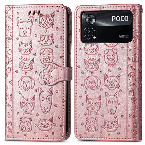 Leather Case Stands Fashionable Pattern Flip Cover Holder S03D for Xiaomi Poco X4 Pro 5G Rose Gold