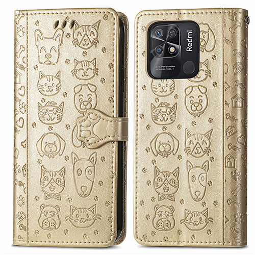 Leather Case Stands Fashionable Pattern Flip Cover Holder S03D for Xiaomi Redmi 10 India Gold