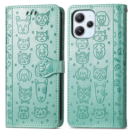 Leather Case Stands Fashionable Pattern Flip Cover Holder S03D for Xiaomi Redmi 12 4G Green