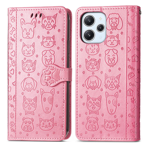 Leather Case Stands Fashionable Pattern Flip Cover Holder S03D for Xiaomi Redmi 12 4G Pink