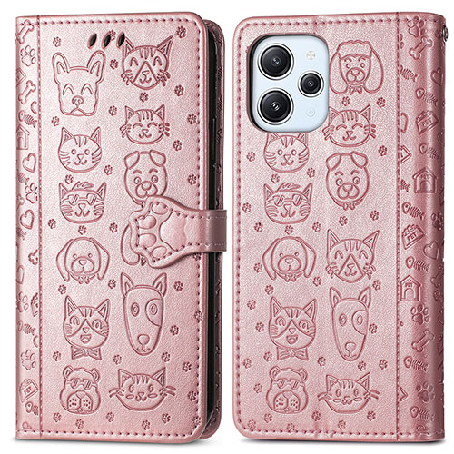 Leather Case Stands Fashionable Pattern Flip Cover Holder S03D for Xiaomi Redmi 12 4G Rose Gold