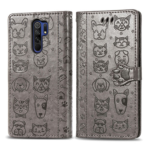 Leather Case Stands Fashionable Pattern Flip Cover Holder S03D for Xiaomi Redmi 9 Gray