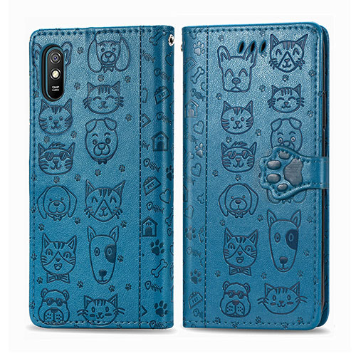 Leather Case Stands Fashionable Pattern Flip Cover Holder S03D for Xiaomi Redmi 9AT Blue