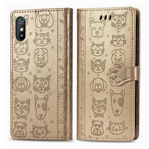 Leather Case Stands Fashionable Pattern Flip Cover Holder S03D for Xiaomi Redmi 9i Gold