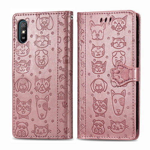 Leather Case Stands Fashionable Pattern Flip Cover Holder S03D for Xiaomi Redmi 9i Rose Gold