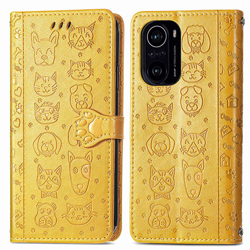 Leather Case Stands Fashionable Pattern Flip Cover Holder S03D for Xiaomi Redmi K40 Pro 5G Yellow