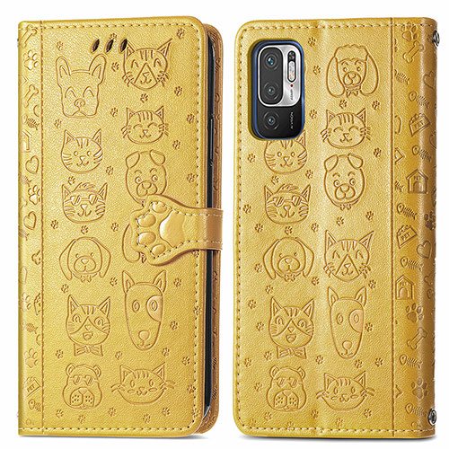 Leather Case Stands Fashionable Pattern Flip Cover Holder S03D for Xiaomi Redmi Note 10 5G Yellow