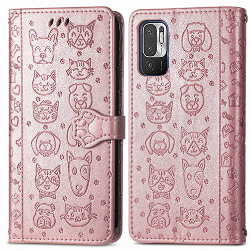 Leather Case Stands Fashionable Pattern Flip Cover Holder S03D for Xiaomi Redmi Note 10 JE 5G Rose Gold