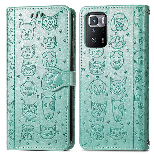 Leather Case Stands Fashionable Pattern Flip Cover Holder S03D for Xiaomi Redmi Note 10 Pro 5G Green