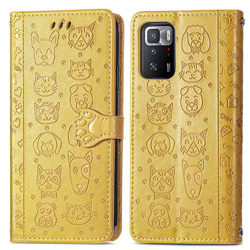 Leather Case Stands Fashionable Pattern Flip Cover Holder S03D for Xiaomi Redmi Note 10 Pro 5G Yellow