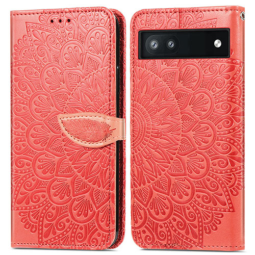 Leather Case Stands Fashionable Pattern Flip Cover Holder S04D for Google Pixel 6a 5G Red