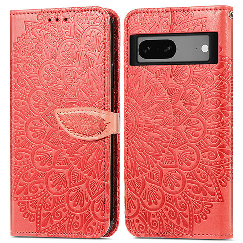 Leather Case Stands Fashionable Pattern Flip Cover Holder S04D for Google Pixel 7 5G Red