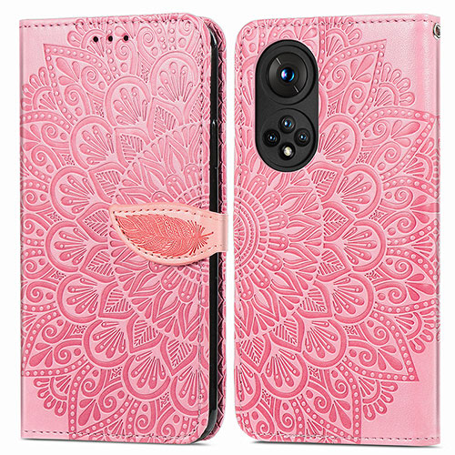 Leather Case Stands Fashionable Pattern Flip Cover Holder S04D for Huawei Honor 50 Pro 5G Rose Gold