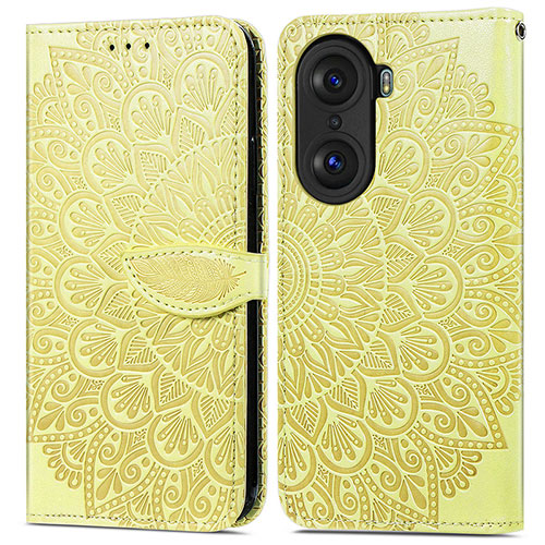 Leather Case Stands Fashionable Pattern Flip Cover Holder S04D for Huawei Honor 60 5G Yellow