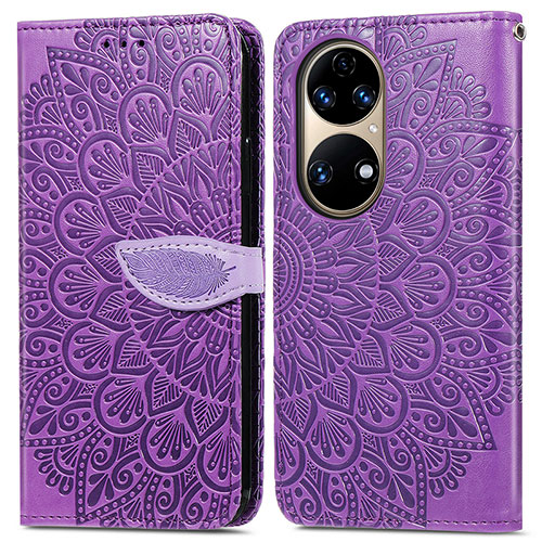 Leather Case Stands Fashionable Pattern Flip Cover Holder S04D for Huawei P50 Pro Purple