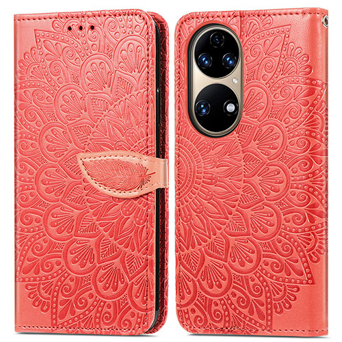 Leather Case Stands Fashionable Pattern Flip Cover Holder S04D for Huawei P50e Red