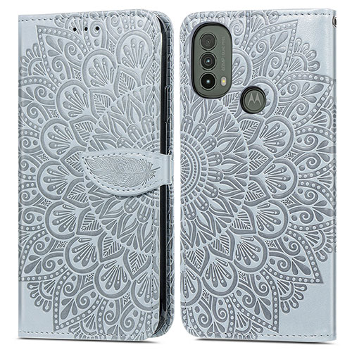 Leather Case Stands Fashionable Pattern Flip Cover Holder S04D for Motorola Moto E30 Gray