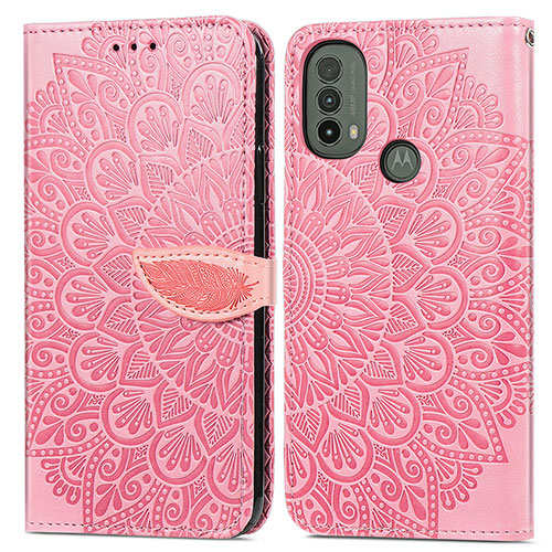 Leather Case Stands Fashionable Pattern Flip Cover Holder S04D for Motorola Moto E30 Rose Gold