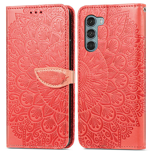 Leather Case Stands Fashionable Pattern Flip Cover Holder S04D for Motorola Moto G200 5G Red