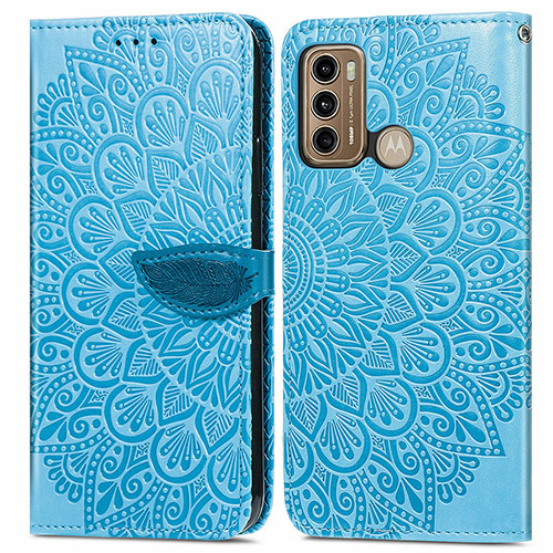 Leather Case Stands Fashionable Pattern Flip Cover Holder S04D for Motorola Moto G60 Blue