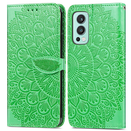 Leather Case Stands Fashionable Pattern Flip Cover Holder S04D for OnePlus Nord 2 5G Green