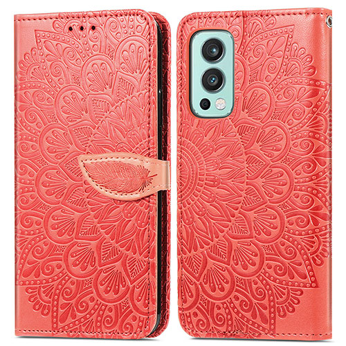 Leather Case Stands Fashionable Pattern Flip Cover Holder S04D for OnePlus Nord 2 5G Red