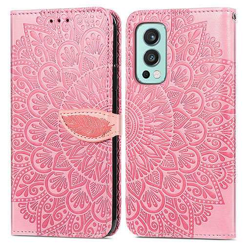 Leather Case Stands Fashionable Pattern Flip Cover Holder S04D for OnePlus Nord 2 5G Rose Gold