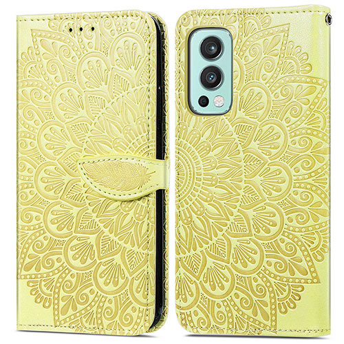 Leather Case Stands Fashionable Pattern Flip Cover Holder S04D for OnePlus Nord 2 5G Yellow