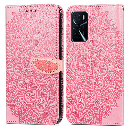 Leather Case Stands Fashionable Pattern Flip Cover Holder S04D for Oppo A16s Rose Gold