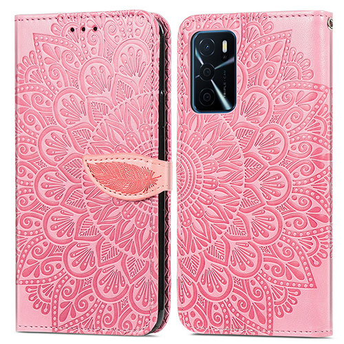 Leather Case Stands Fashionable Pattern Flip Cover Holder S04D for Oppo A54s Rose Gold