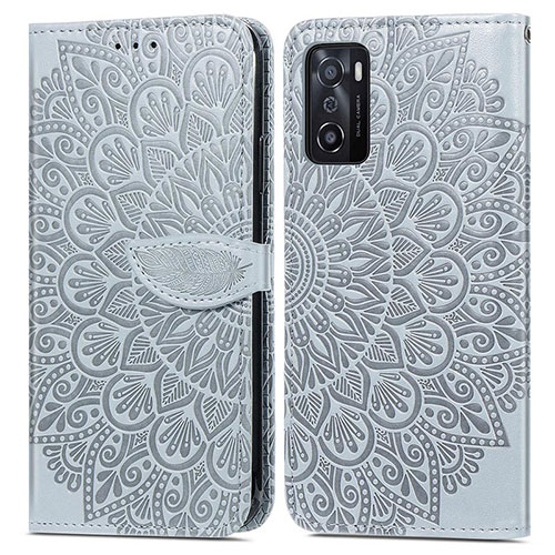 Leather Case Stands Fashionable Pattern Flip Cover Holder S04D for Oppo A55S 5G Gray