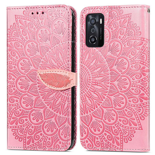 Leather Case Stands Fashionable Pattern Flip Cover Holder S04D for Oppo A55S 5G Rose Gold