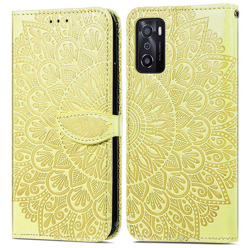 Leather Case Stands Fashionable Pattern Flip Cover Holder S04D for Oppo A55S 5G Yellow