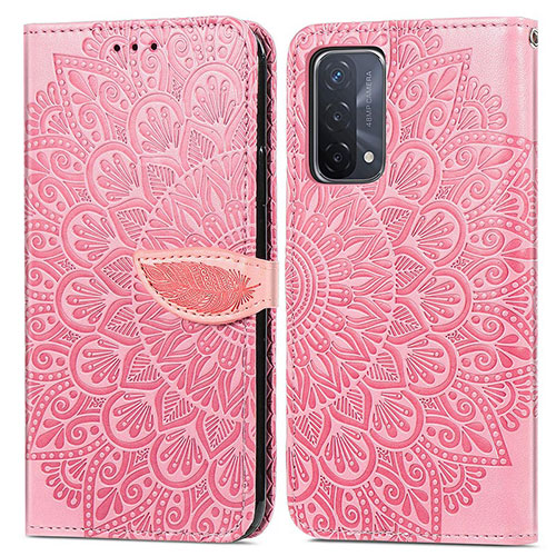 Leather Case Stands Fashionable Pattern Flip Cover Holder S04D for Oppo A93 5G Rose Gold