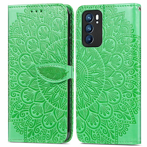 Leather Case Stands Fashionable Pattern Flip Cover Holder S04D for Oppo Reno6 5G Green