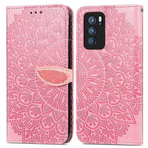 Leather Case Stands Fashionable Pattern Flip Cover Holder S04D for Oppo Reno6 Pro 5G India Rose Gold